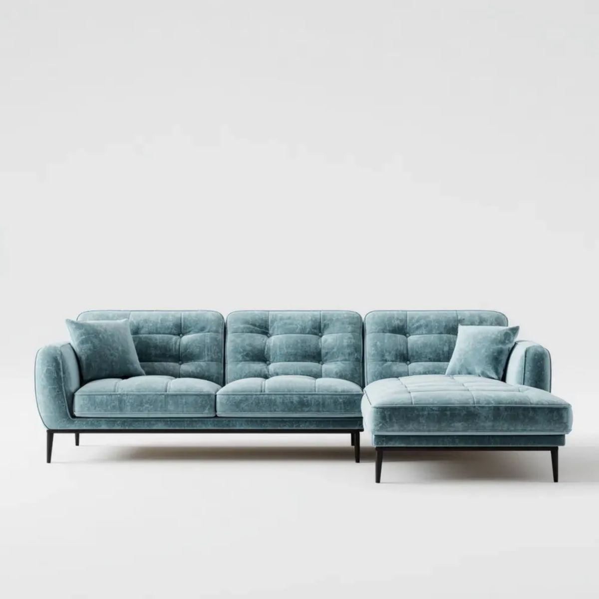 Niebieska sofa narożna z prawostronnym szezlongiem z aksamitu, w kształcie L, 280 x 160 x 85 cm
