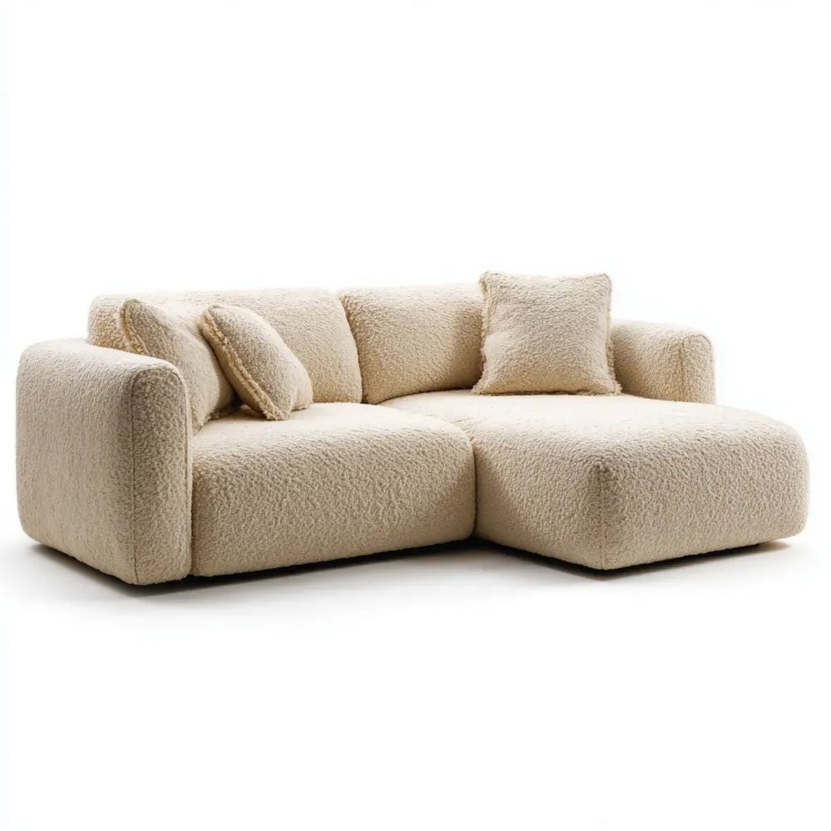 Kremowa dwuosobowa sofa narożna z prawostronnym szezlongiem z poliestru bouclé, 220 x 150 x 78 cm