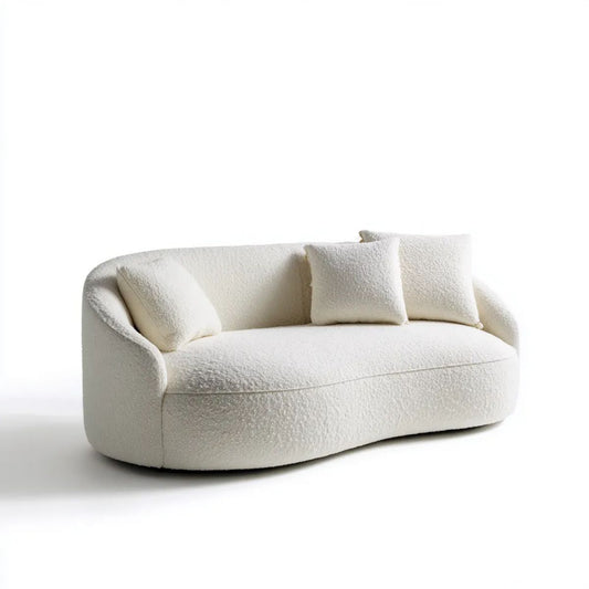 Kremowa sofa trzyosobowa z tapicerką bouclé, zaokrąglona, 190 x 95 x 75 cm