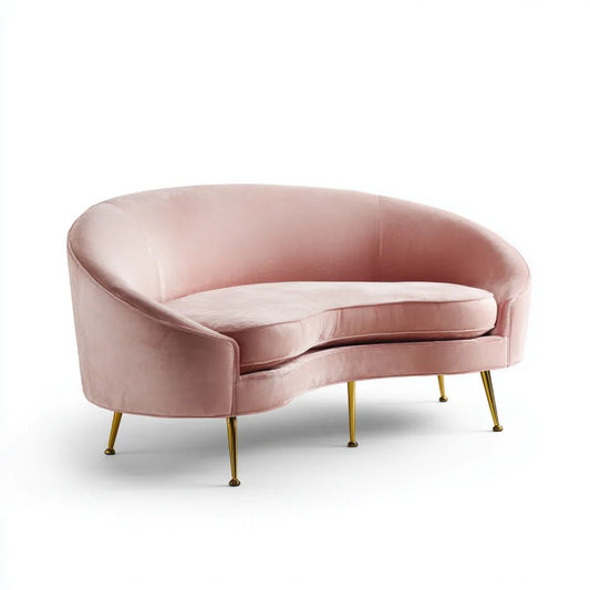 Półokrągła sofa dwuosobowa różowa z poliestrowego aksamitu na stalowych nogach, 140 x 78 x 78 cm