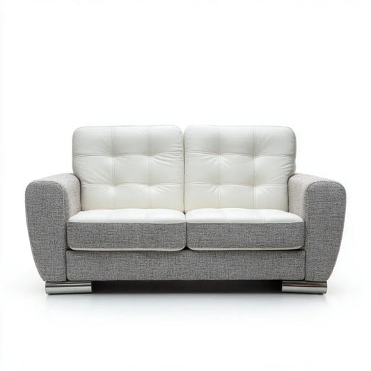 Dwuosobowa sofa z tapicerką materiałową i ekoskórą, szaro-biało-srebrna, 160 x 90 x 90 cm