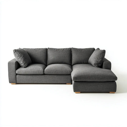 Grafitowa sofa narożna z prawostronnym szezlongiem z tkaniny, 260 × 160 × 85 cm, kształt L