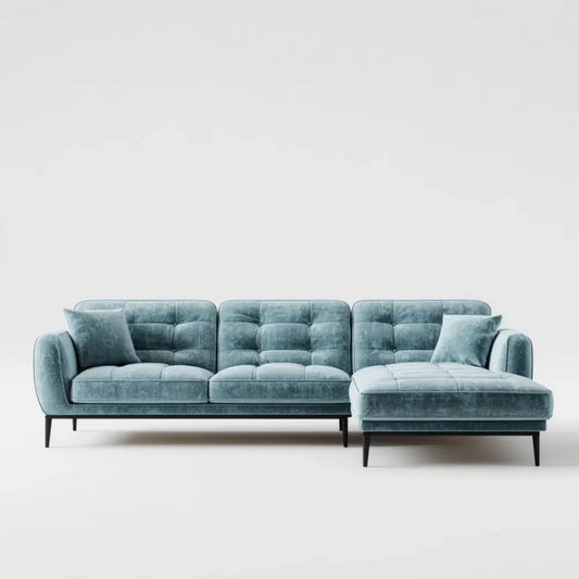 Niebieska sofa narożna z prawostronnym szezlongiem z aksamitu, w kształcie L, 280 x 160 x 85 cm