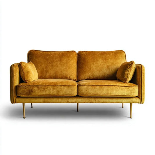 Dwuosobowa sofa aksamitna musztardowa ze złotymi metalowymi nogami 160 x 85 x 82 cm