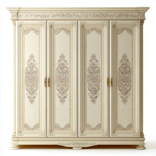 Kremowo-złota szafa czterodrzwiowa z MDF i litego drewna, 240 × 60 × 230 cm