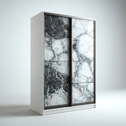 Biała szafa przesuwna z płyty wiórowej z dekorem marmuru 120 x 60 x 200 cm