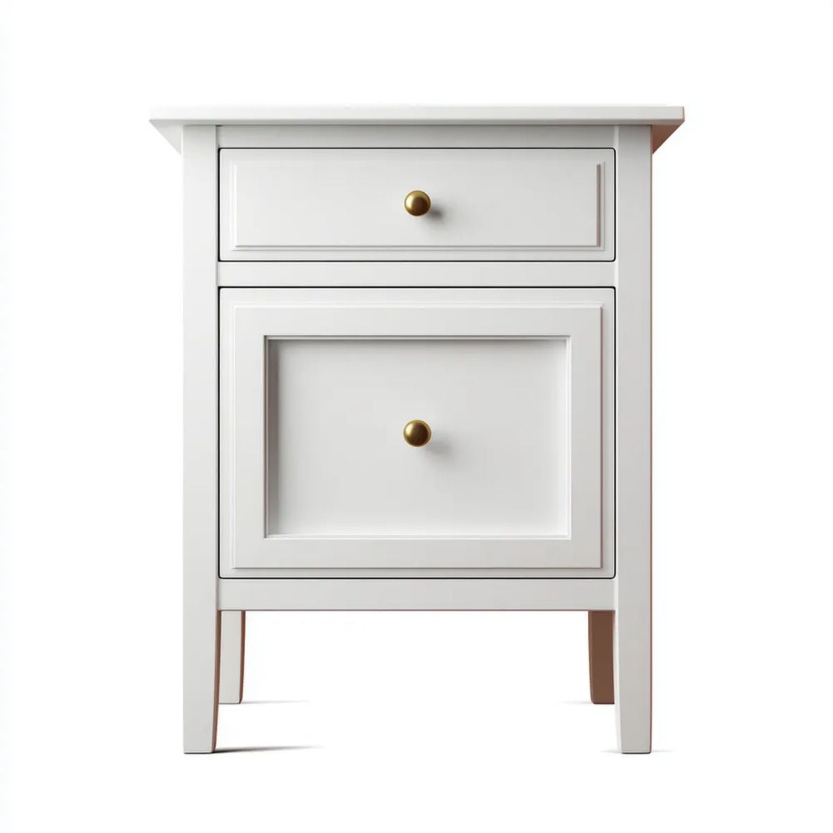 Biała szafka nocna z płyty MDF 45 × 35 × 60 cm, 2 szuflady, złote uchwyty
