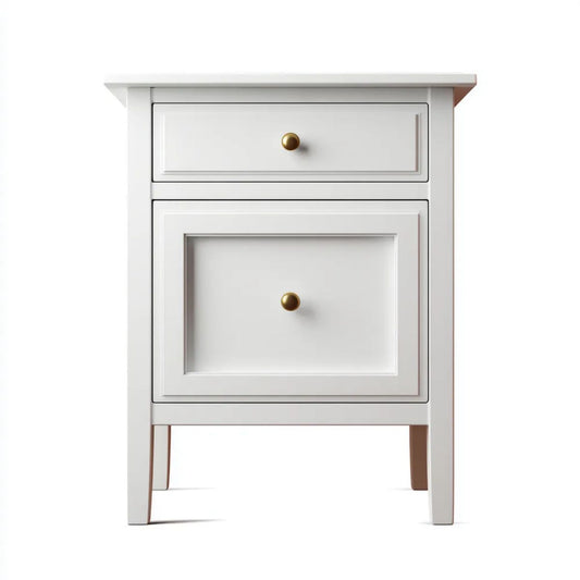 Biała szafka nocna z płyty MDF 45 × 35 × 60 cm, 2 szuflady, złote uchwyty