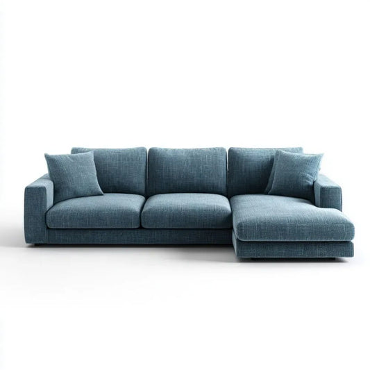 Niebieskoszara sofa narożna z prawostronnym szezlongiem, tapicerka poliestrowa, 260 x 160 x 85 cm